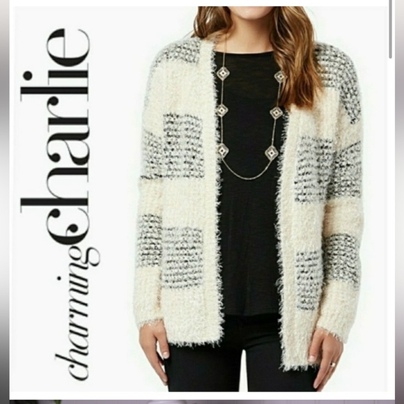 Charming Charlie Striped Eyelash Fuzzy Open Cardigan Color Block Cream and Black - Picture 1 of 10